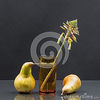 Still life with aloe vera flower in a glass of water and pears Stock Photo