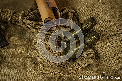 Still life of antique objects for adventure and exploration Stock Photo