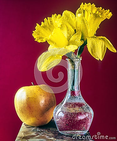 Still life of apple and dafodil Stock Photo