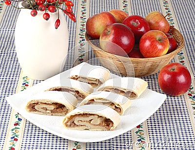 Still life with apple roll (strudel) Stock Photo