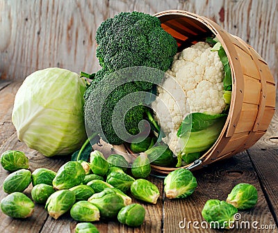 Still life with assortment cabbages. Stock Photo