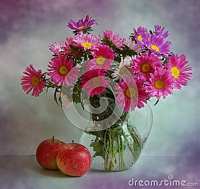 Still life with asters and apples Stock Photo