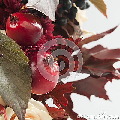 Still life with autumn apples, rose and wild grape Stock Photo