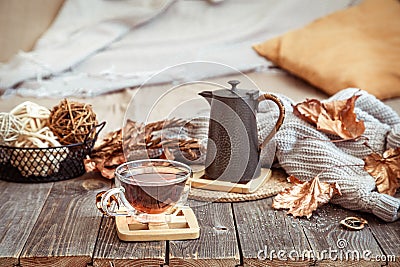 Still life autumn cozy composition with tea Stock Photo