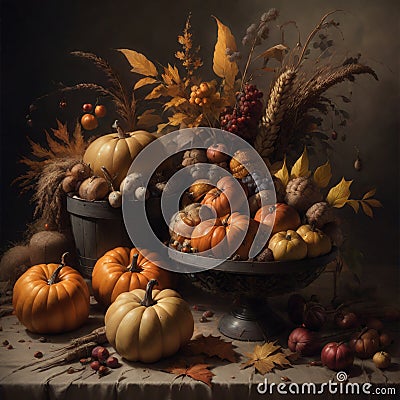 Still life autumn harvest with pumpkins, pears, apples, grapes Stock Photo