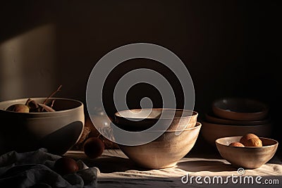 Still life background of ceramic plates and bowls Stock Photo