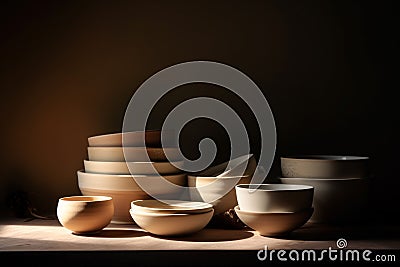 Still life background of ceramic plates and bowls Stock Photo