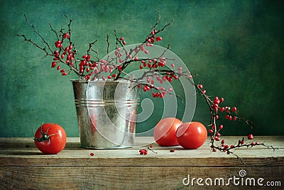 Still-life with barberry and tomato Stock Photo