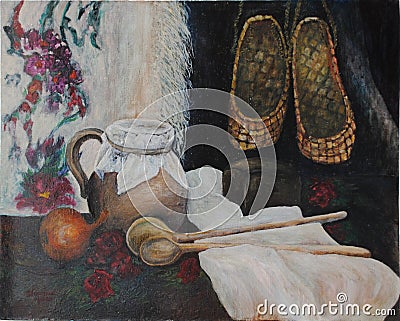 Still-life with bast shoes and wooden spoons Stock Photo