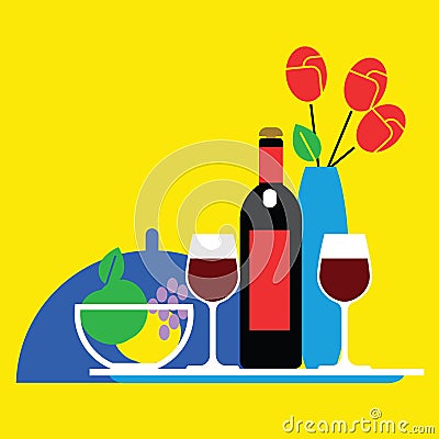 Still life, bottle and glass of red wine, fruit plate and vase with flowers, celebration dinner concept, romantic table Vector Illustration