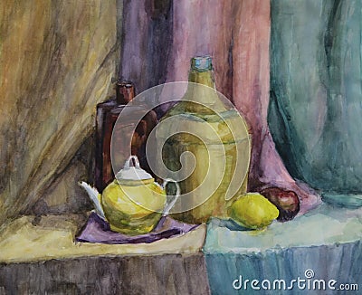 Still life with Bottle, Vase and Teapot Stock Photo