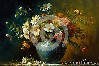 Still life bouquet of colorful flowers in a vase. Impressionist vintage oil painting of wildflowers. Spring art. Stock Photo