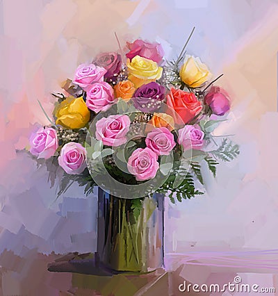 Still life a bouquet of flowers. Oil painting red and yellow rose flowers in vase Stock Photo