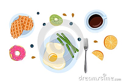 Still life with breakfast in a flat doodle style top view vector illustration Cartoon Illustration