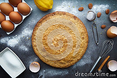 Still life of cake with ingredients, eggs, flour, lemon, almond and cinnamon. Santiago cake. Step 5 Stock Photo