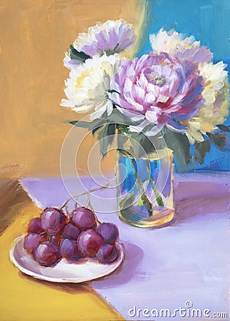 Still life with chrysanthemums and grapes, oil painting Stock Photo