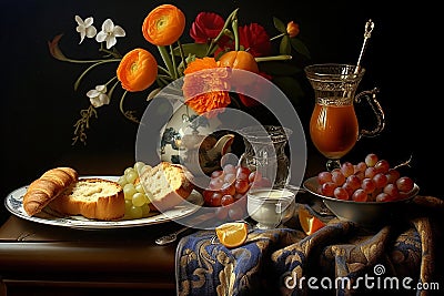 Still life classical vintage baroque style breakfast with bread, grapes, orange, cream and flowers on dark background Stock Photo