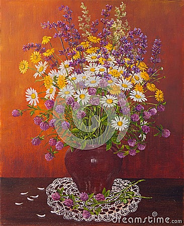 Still life of a clay pot of bouquet wild flowers. Original oil painting. Author s painting. Stock Photo