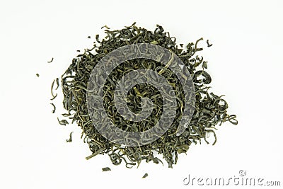 Still life with a close-up view of green tea leaves isolated Stock Photo