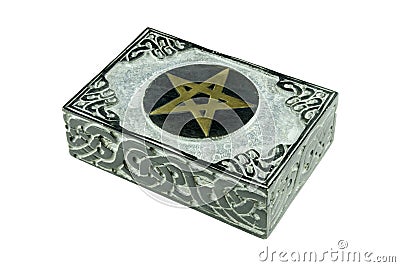 Still life with closed stone esoteric mystic box with carved sign pentagram and ornaments isolated Stock Photo