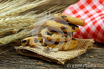 Still life cookies chocolate chip, raw food and sweet biscuit, w Stock Photo