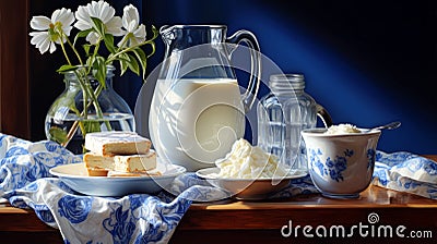 Still life with cottage cheese, milk and curds on a wooden table Stock Photo