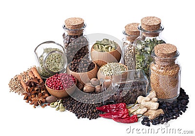 Still life of different spices and herbs Stock Photo