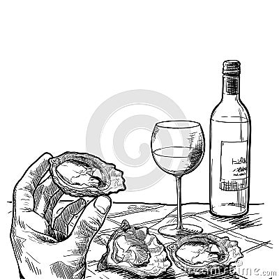 Still life drawing witha a hand holding oyster a bottle of white wine and a couple of oysters laying on a table. Blank Vector Illustration