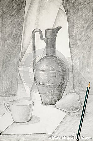 The still life is drawn in pencil. The concept of learning to draw Stock Photo