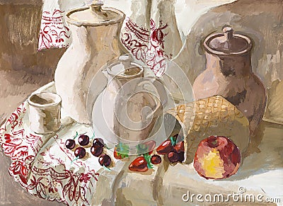 Still life with earthenware jugs and fresh berries Stock Photo