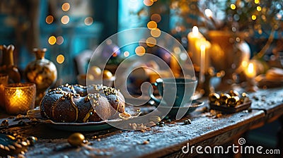 Still Life, elaborate Mardi Gras king cake on decorated table, carnival setting, festive blues and yellows, carnival Stock Photo