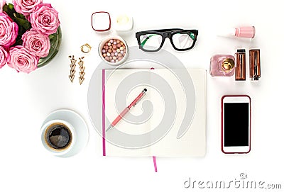 Still life of fashion woman, objects on white Stock Photo