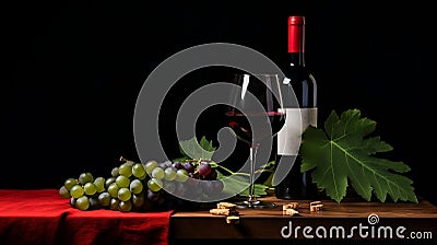 Still life featuring a bottle of red wine, wineglass, grapes, and green leaves. AI-generated. Stock Photo