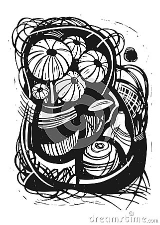 Still life with flowers. Graphic still life with flowers, apple and pear. Abstract still life. Print texture. Still life linocut. Vector Illustration