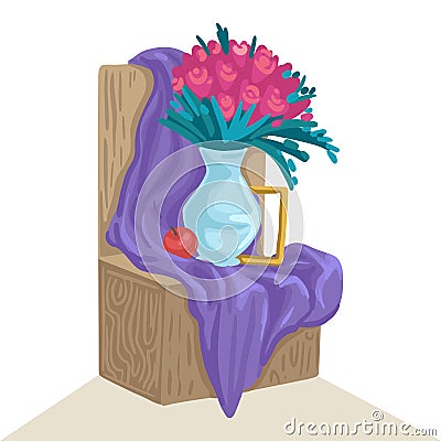 Still life with a vase and flowers. Pupillary still life, drapery fabric. Vector illustration of object on white Vector Illustration