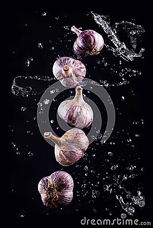 Still life - flying in the spray of water garlic Stock Photo