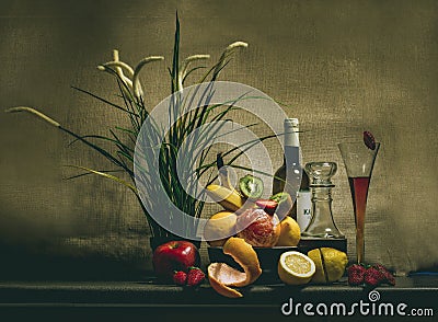 Still life with fruit and liquer Stock Photo