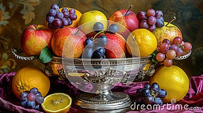 Still life, fruits. Red apples, oranges, violet grapes in antique silver vase, on table with tablecloth. Half lemon. Stock Photo