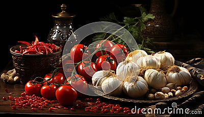 Still life of garlics and branch of red tomatoes. Illustration AI Stock Photo