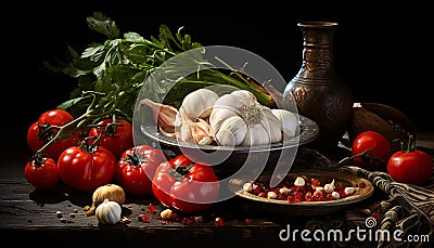 Still life of garlics and red tomatoes Stock Photo