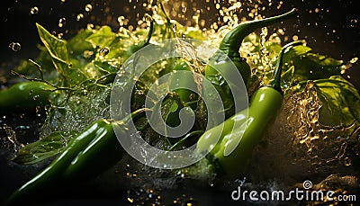 Still life of green italian peppers with water around Stock Photo