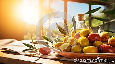 Still life with green olives, bottle of olive oil, olive branch, and linen napkin on kitchen table Stock Photo