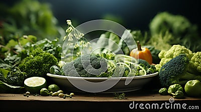 Still life of green vegetables on a plate, low-calorie dietetics with broccoli, salads Stock Photo