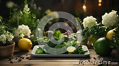 Still life of green vegetables on a plate, low-calorie dietetics with broccoli, salads Stock Photo