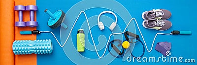 Still life of group sports equipment for womens and cardiogram of jump rope Stock Photo