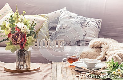 Still life interior with decor items in home living room Stock Photo