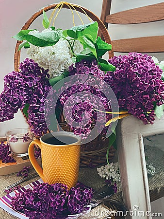 Still life with lilac in a basket, a yellow cup, a book and a candle by the window. Stock Photo