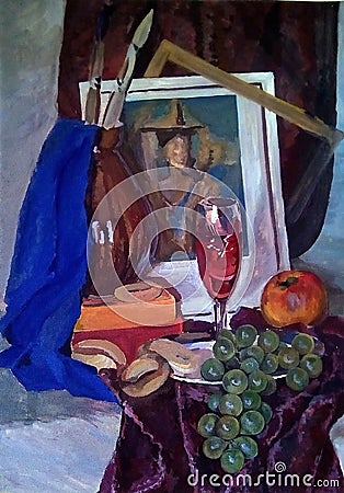 Still life made in gouache on paper. A bunch of grapes, an apple, bagels, wine in a glass, a jug and other items. Stock Photo