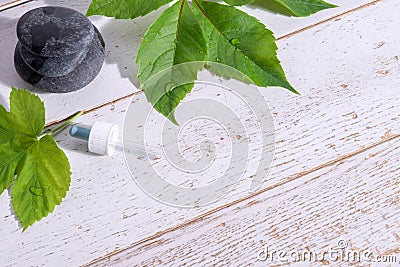 Still life of meditation, a pyramid of three stones, an open bottle with a pipette and green leaves, a place for text Stock Photo