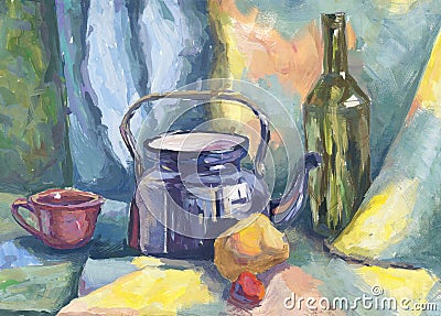 Still life with Metal Teapot and Bottle Stock Photo